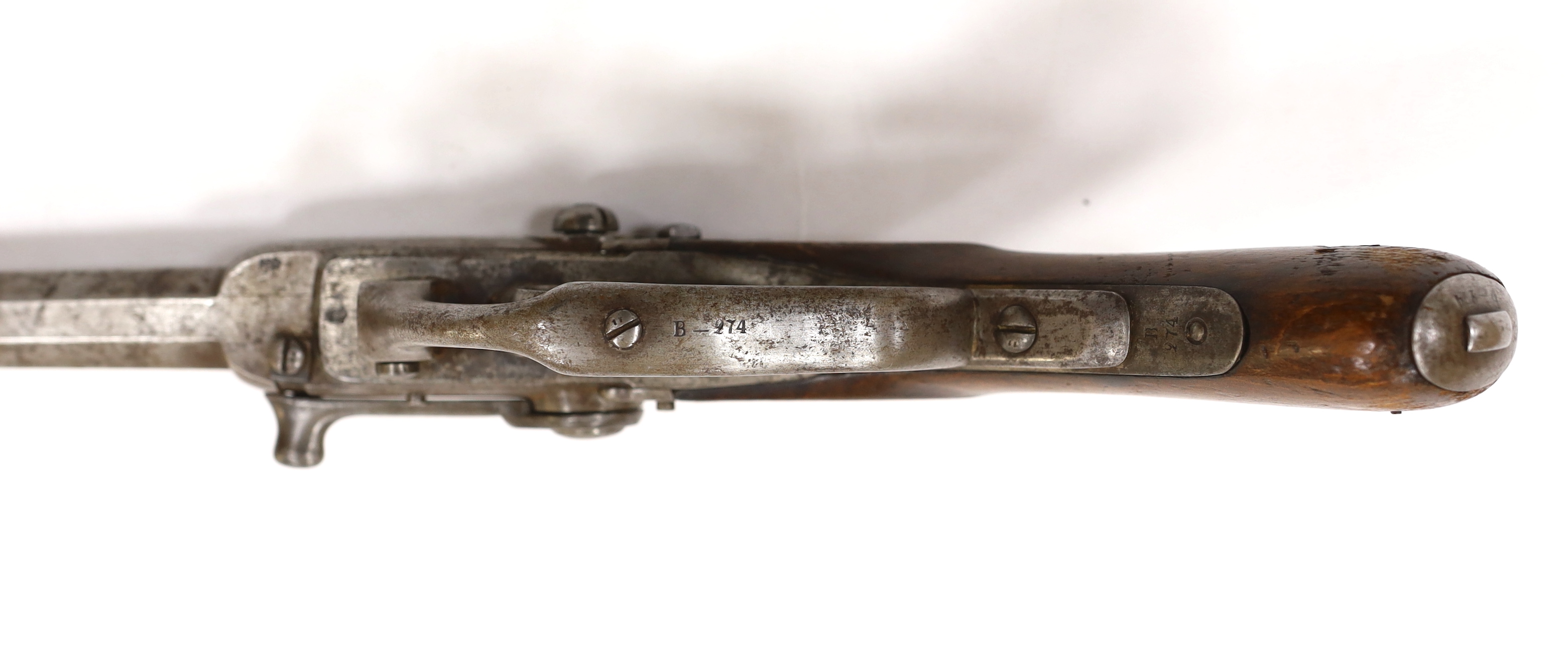 A Regulation Danish breech-loading, under hammer percussion military pistol, octagonal twist barrel, breach stamped B–274 barrel stamped GHRE:10 and cipher of Christian VIII of Denmark and stamped for model M-1841 and B-